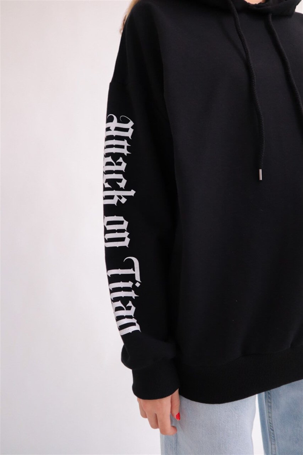 Touz Sırt Baskılı Anime Attack On Titan Siyah Kapüşonlu  Sweatshirt
