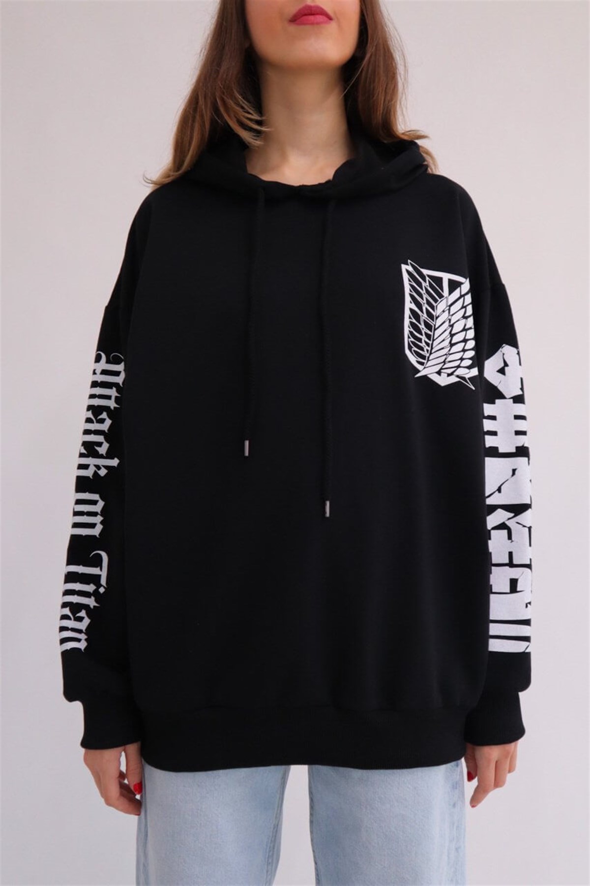 Touz Sırt Baskılı Anime Attack On Titan Siyah Kapüşonlu  Sweatshirt