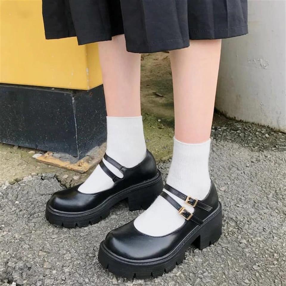 Touz Siyah Oxford Harajuku Tarz Çift Toka Lolita Ayakkabı