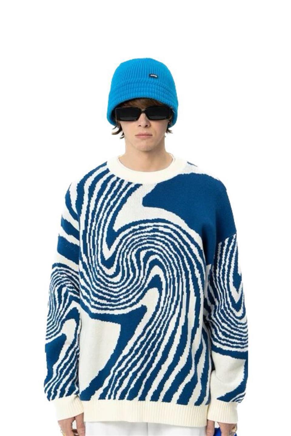 Touz Vintage Harajuku Kore Style Asimetrik Desenli Unisex Oversize Ecru Kazak