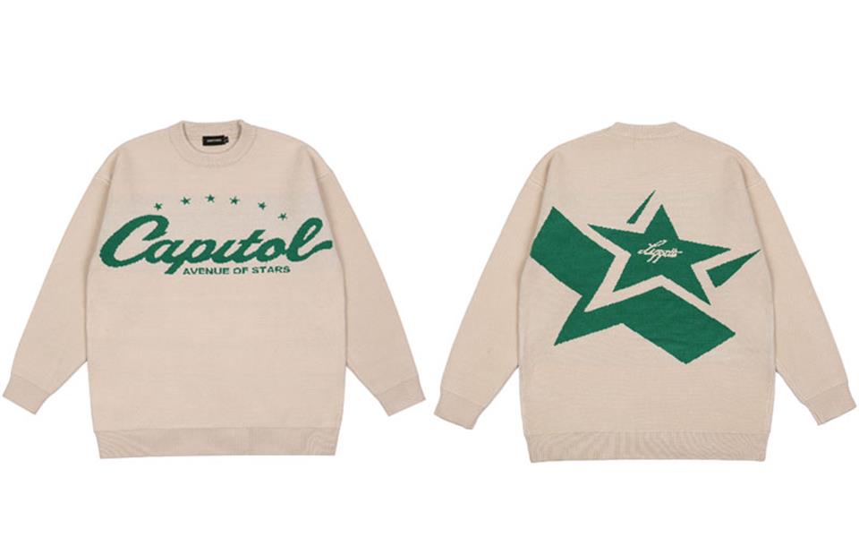 Touz Y2K Vintage Harajuku Star Capitol Ön Arka Baskılı Unisex Oversize Ecru Kazak