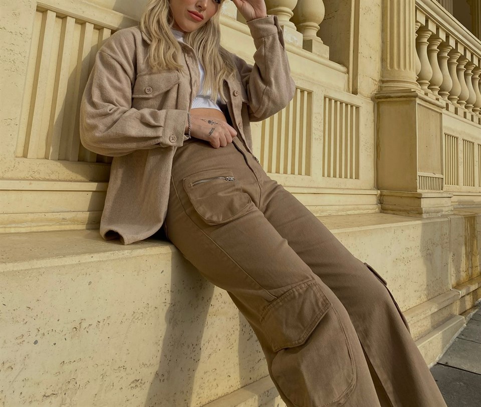 TOUZ ZIP DETAIL SÜT KAHVE KARGO CEP PANTOLON