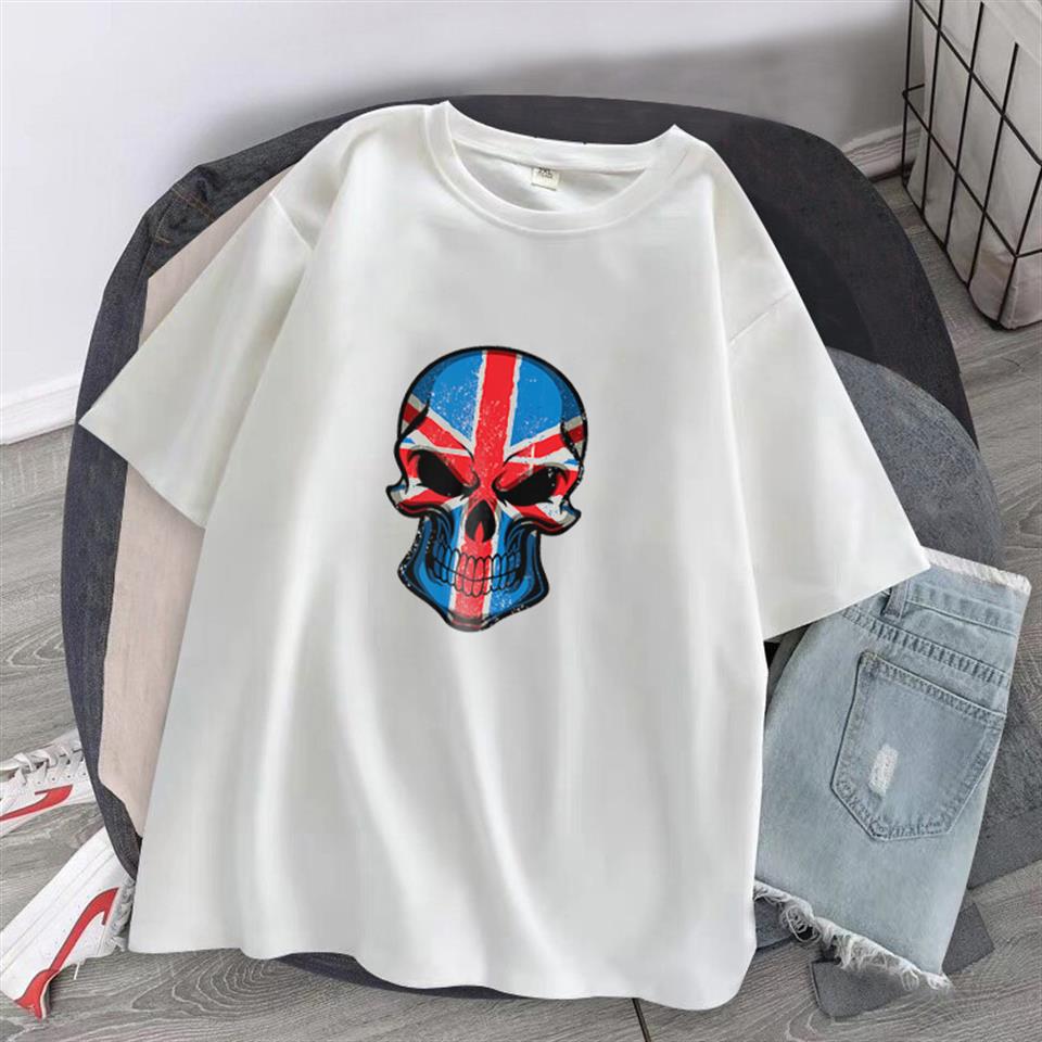UK Flag Skull Baskılı Beyaz Unisex Oversize T-shirt
