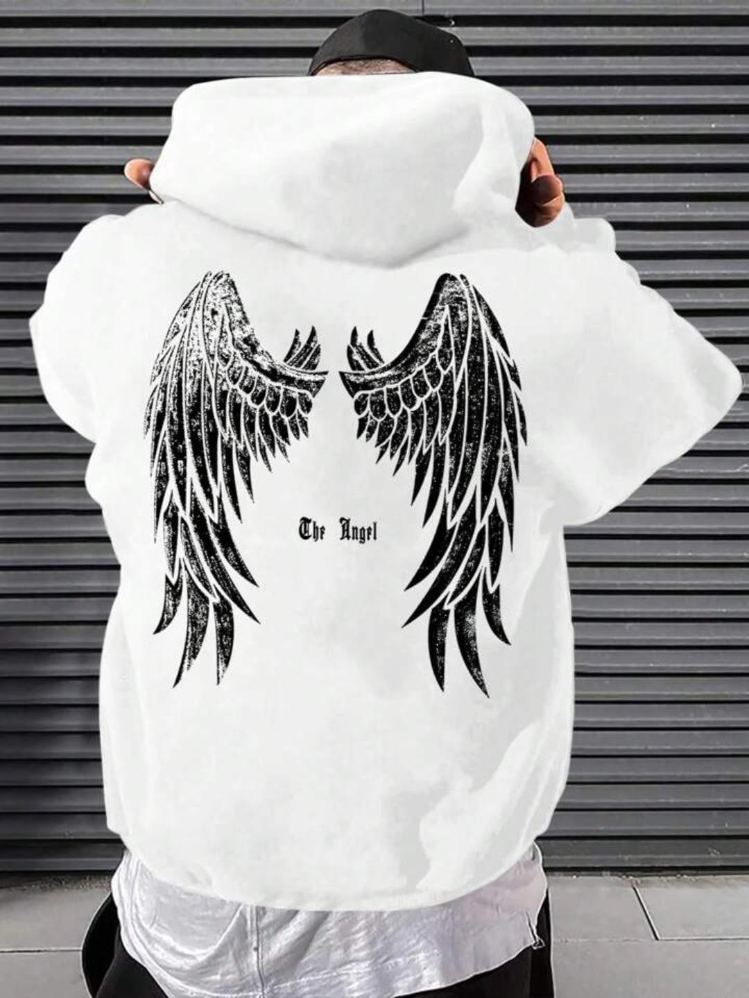 Unisex Angel Sırt Baskılı Kapşonlu Beyaz Sweatshirt 