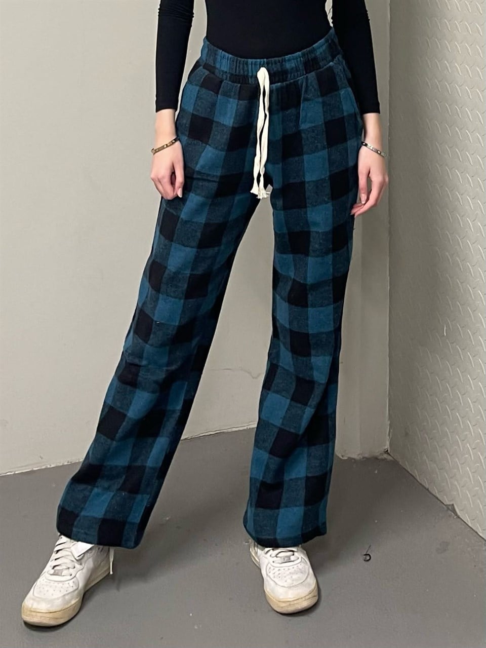 Unisex Ekose Mavi Detaylı Eşofman Altı