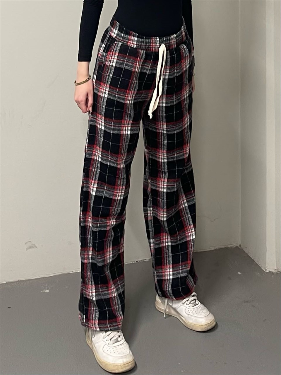 Unisex Ekose Siyah Gri Detaylı Eşofman Altı