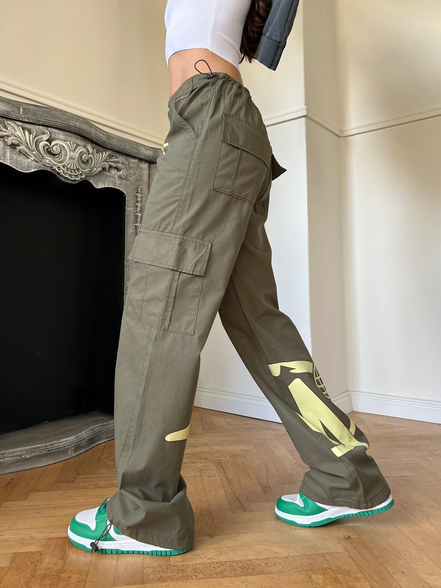 Unisex  Kargo Cepli Lastik Detaylı Haki Krem Baskılı Baggy Jean