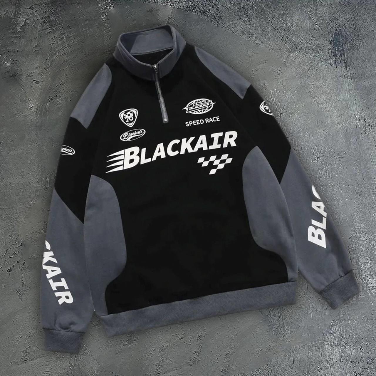 Vintage Yarım Zip Yarışcı Baskılı Siyah Unisex Oversize Sweatshirt