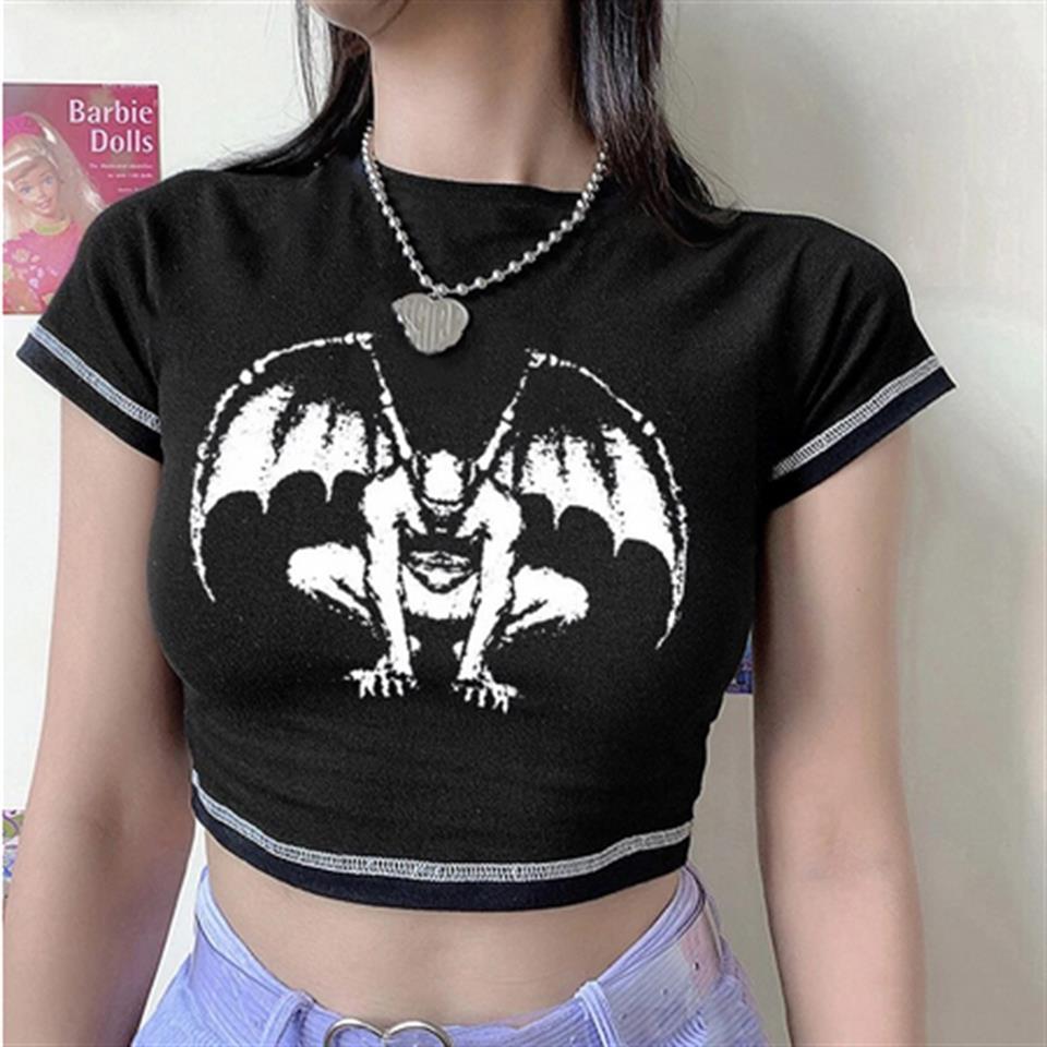 Winged Devil Baskılı Ters Dikiş Siyah Crop