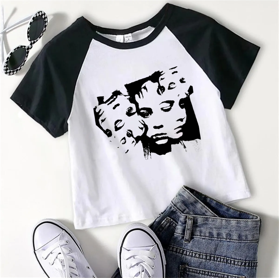 Y2k Face And Eyes Beyaz Reglan Kol Crop