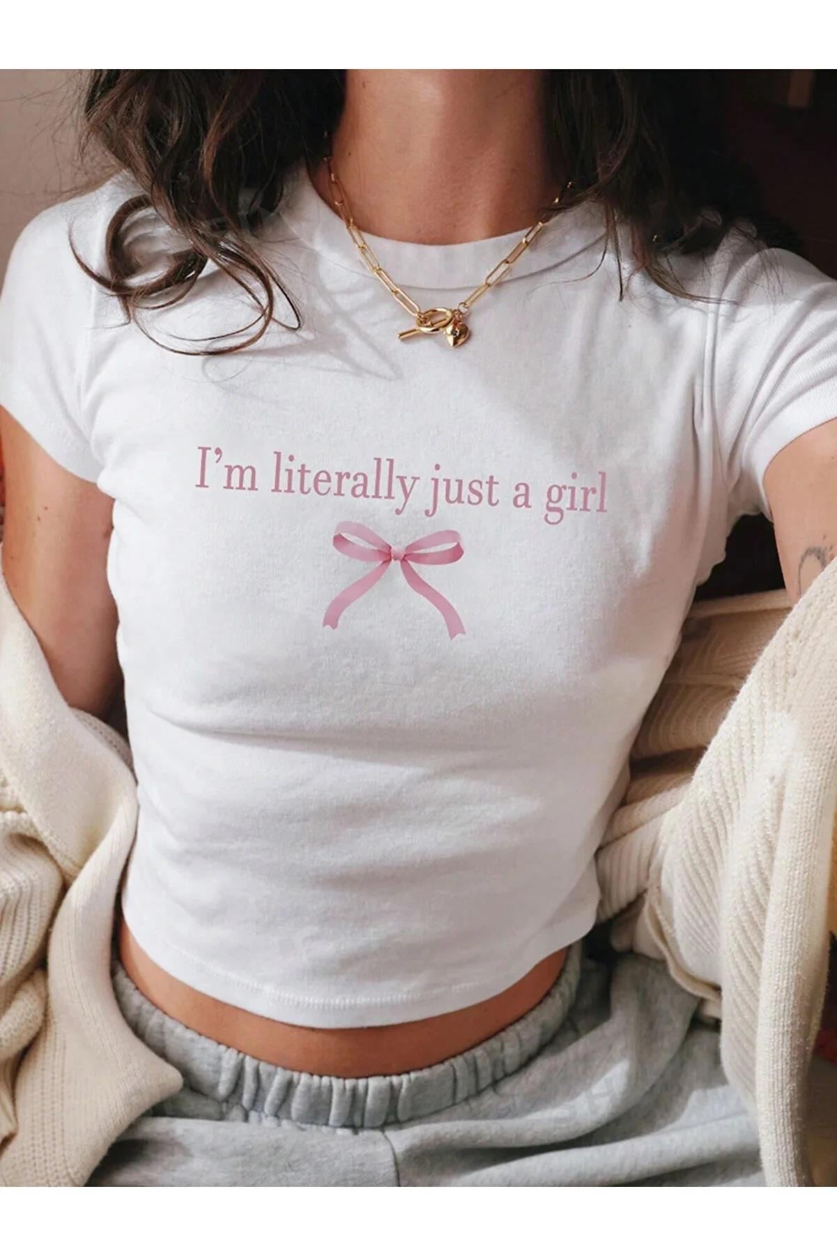 Y2K Im Literally Just A Girl Baskılı Crop Bluz