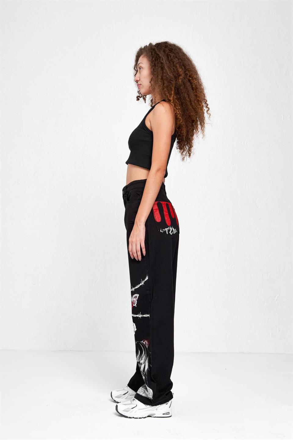 Y2K Newstyle Baskılı Wide Leg Jean Bol Paça Kot Pantolon