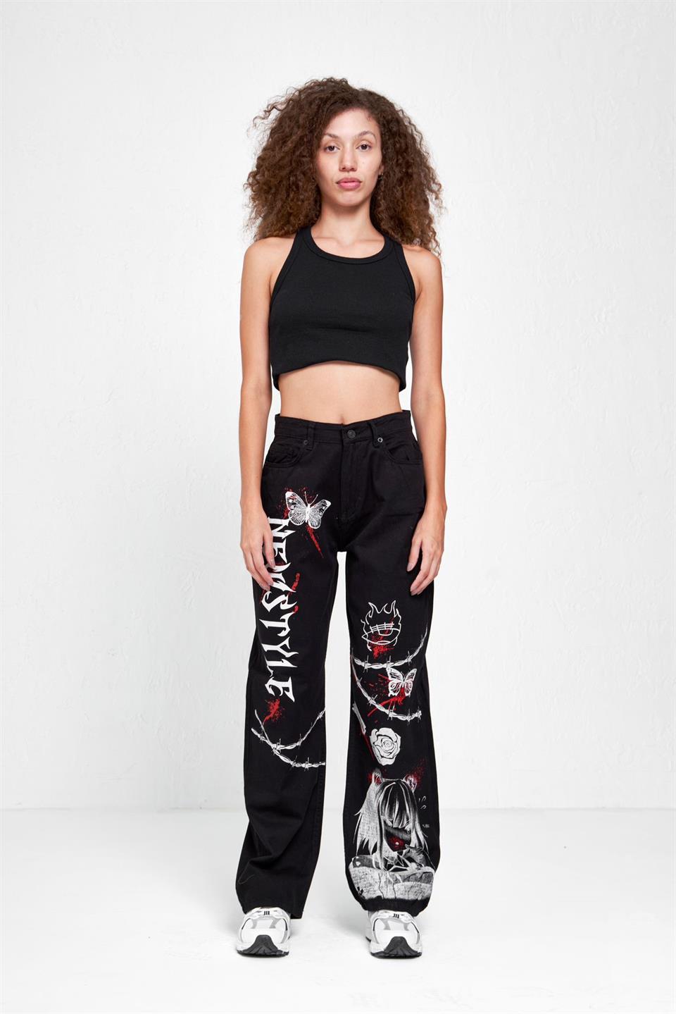 Y2K Newstyle Baskılı Wide Leg Jean Bol Paça Kot Pantolon