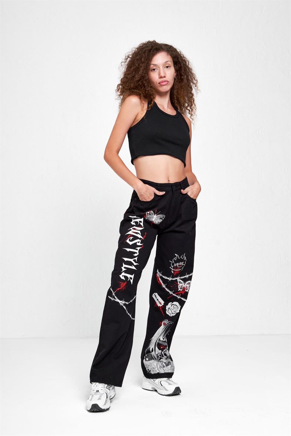 Y2K Newstyle Baskılı Wide Leg Jean Bol Paça Kot Pantolon