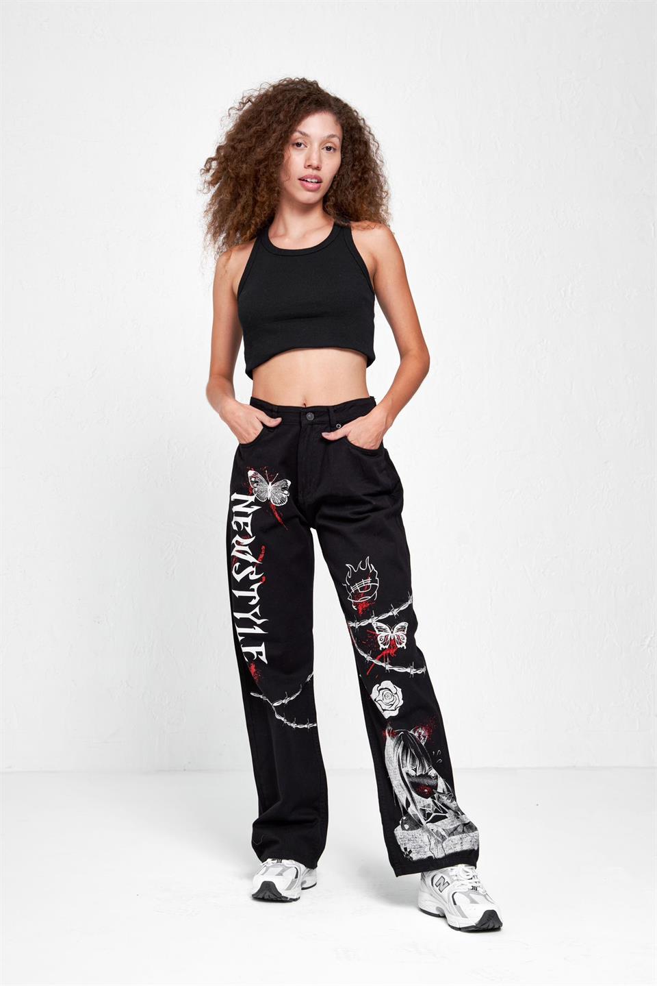 Y2K Newstyle Baskılı Wide Leg Jean Bol Paça Kot Pantolon