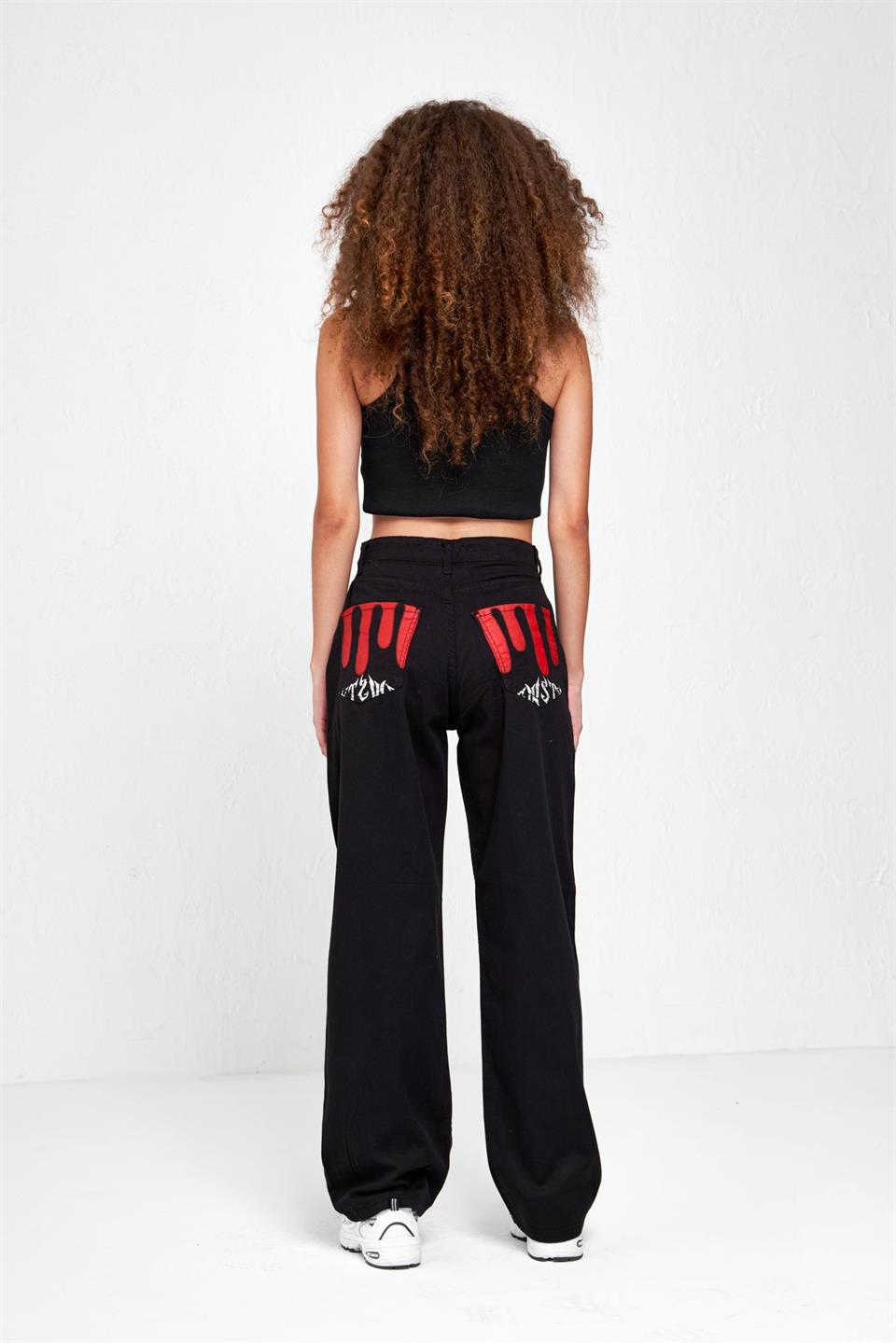 Y2K Newstyle Baskılı Wide Leg Jean Bol Paça Kot Pantolon