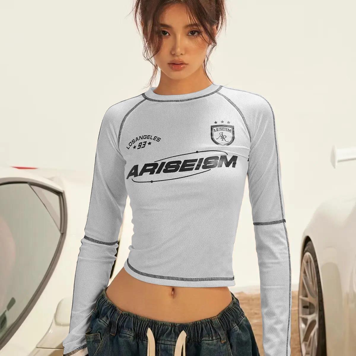 Y2K Streetwear Ariseism Baskılı Ters Dikiş Beyaz Uzun Kollu Crop
