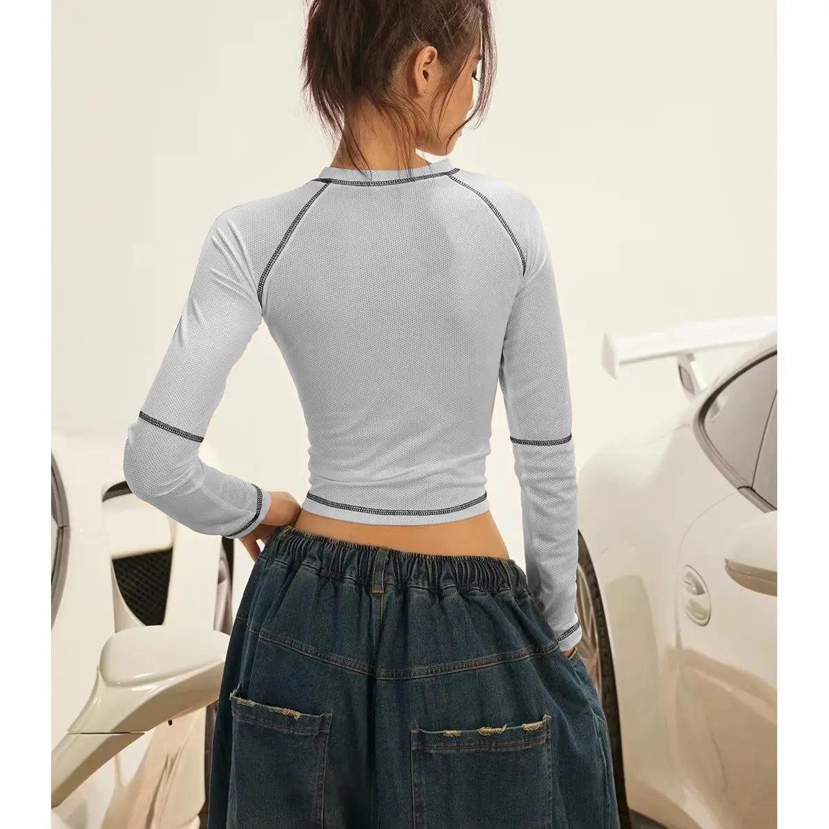 Y2K Streetwear Ariseism Baskılı Ters Dikiş Beyaz Uzun Kollu Crop