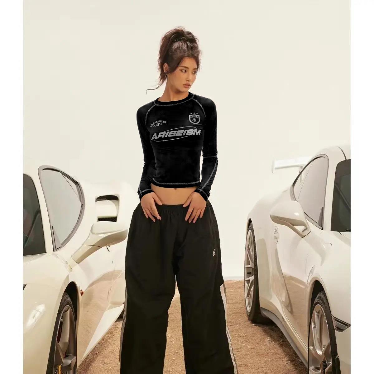 Y2K Streetwear Ariseism Baskılı Ters Dikiş Siyah Uzun Kollu Crop
