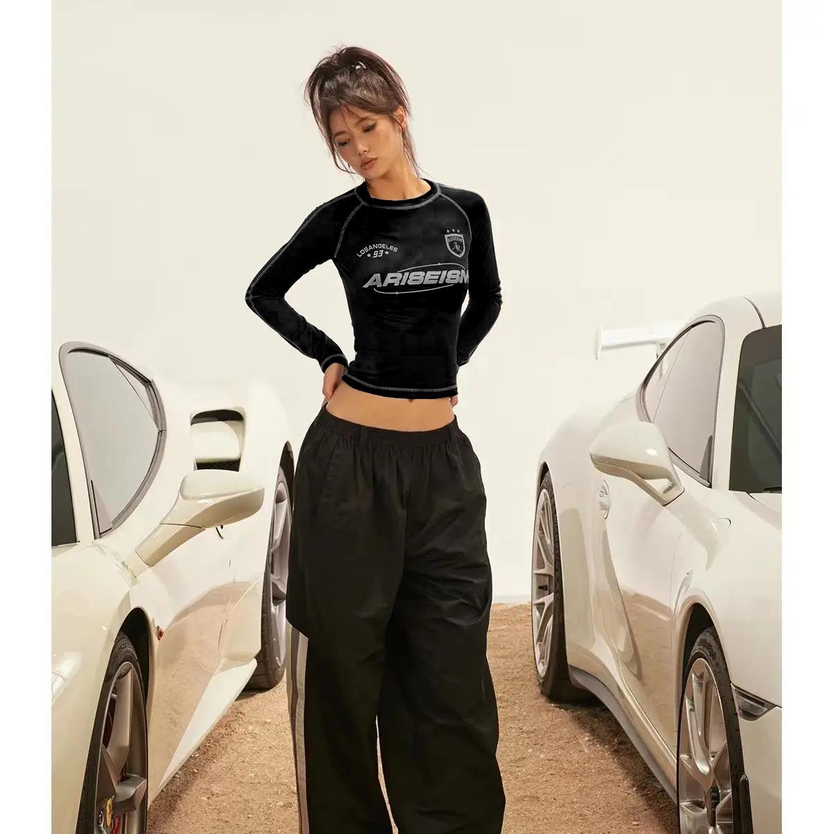 Y2K Streetwear Ariseism Baskılı Ters Dikiş Siyah Uzun Kollu Crop