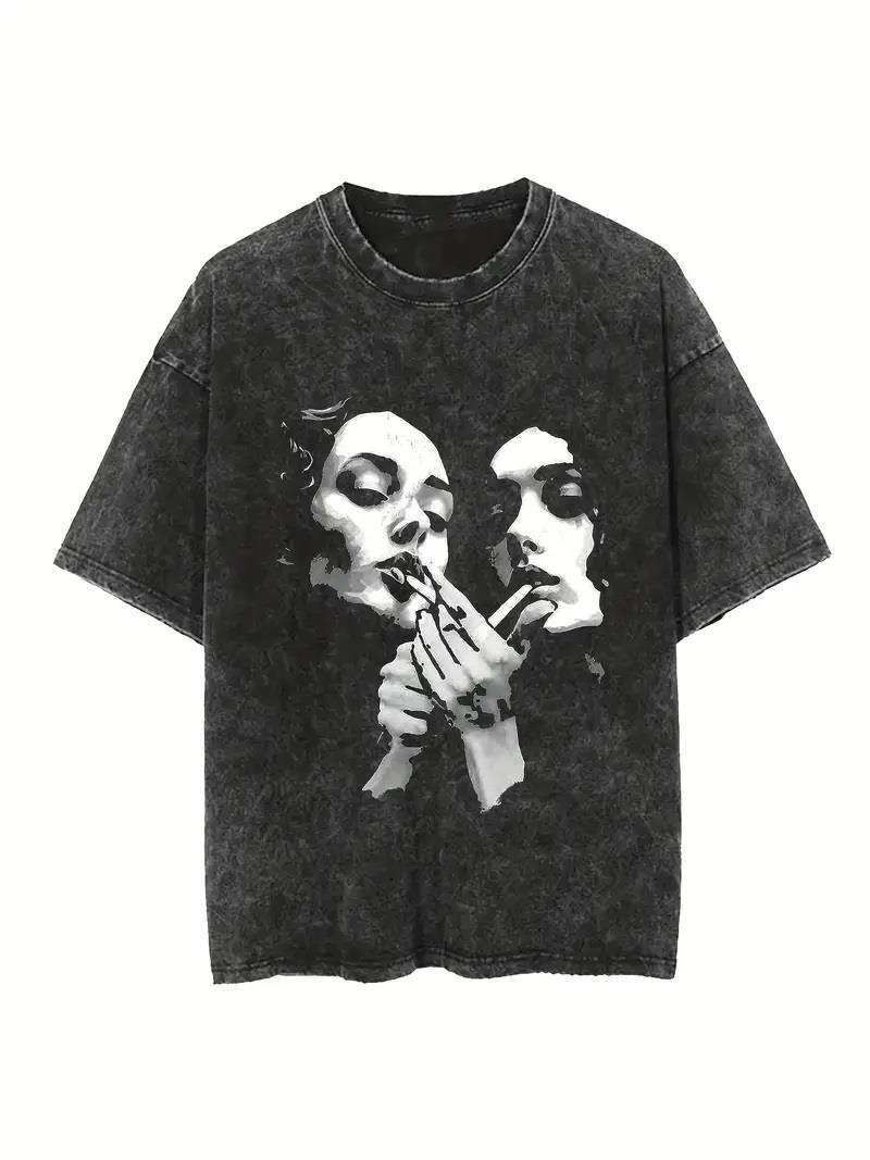 Yıkamalı Distressed Baskılı Unisex Oversize Vintage T-shirt
