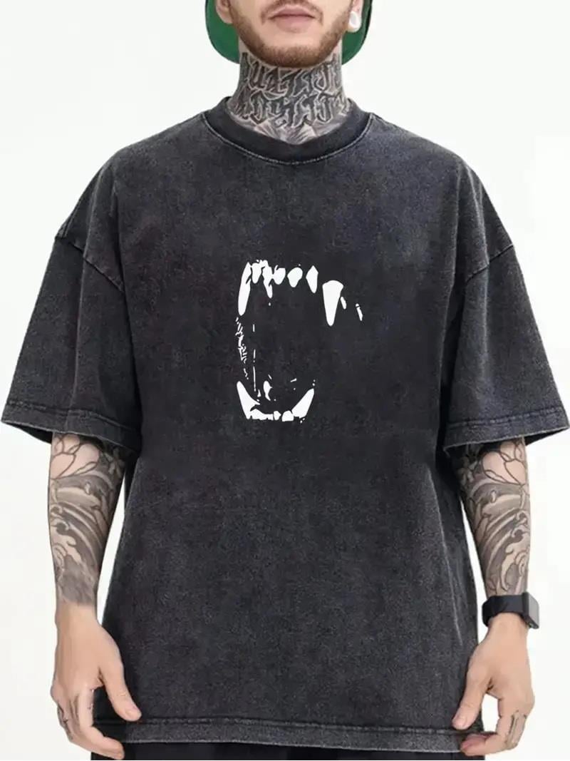 Yıkamalı Fang Baskılı Unisex Oversize Vintage T-shirt