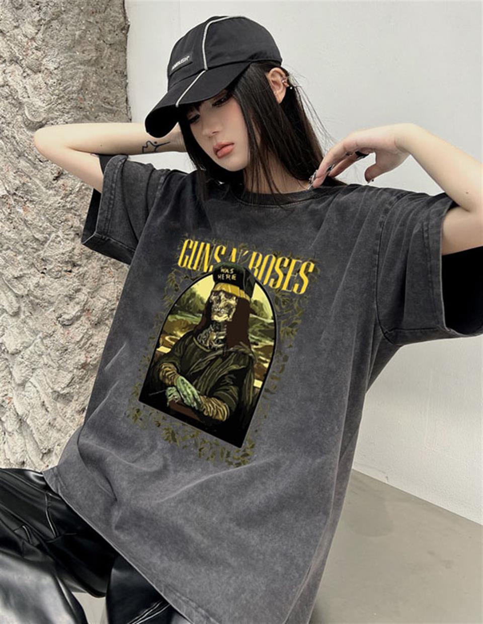 Yıkamalı Guns N Roses Was Here Baskılı Unisex Oversize Eskitme T-shirt