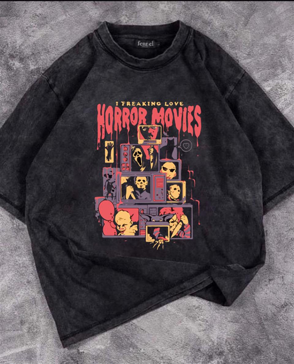 Yıkamalı Horror Movies Baskılı Unisex Oversize Vintage Eskitme T-shirt