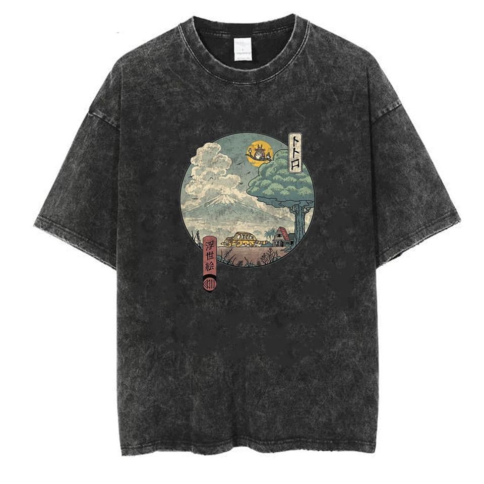 Yıkamalı Neighbors Ukiyo-E Unisex Eskitme T-shirt