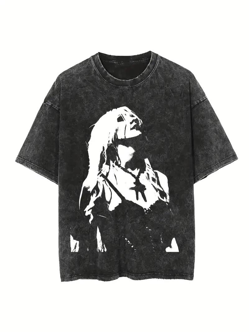 Yıkamalı Portre Baskılı Unisex Oversize Vintage T-shirt