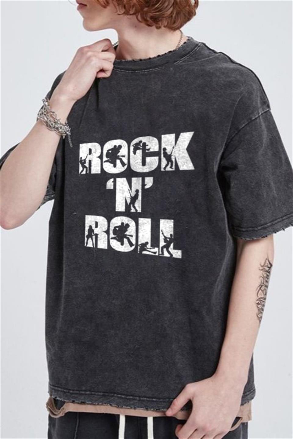 Yıkamalı Rock N Roll Unisex Eskitme T-shirt