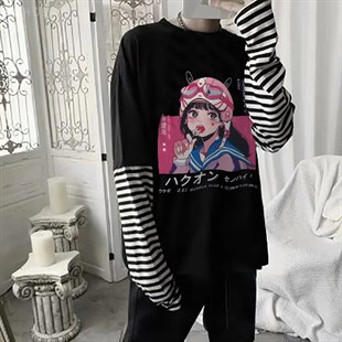  Anime Siyah Lolipop Girl Unisex Oversize Kalıp Uzun Kollu  T-shirt