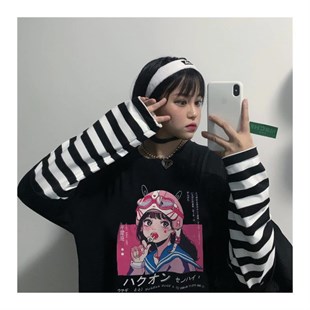  Anime Siyah Lolipop Girl Unisex Oversize Kalıp Uzun Kollu  T-shirt