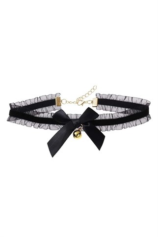  Gothic Siyah Şeritli Zilli Choker Tasma Kolye