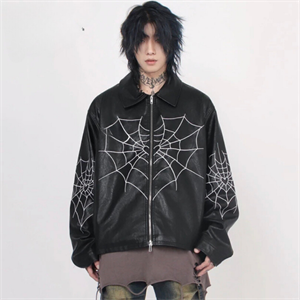  Heart Spider Web Baskılı Streetwear Siyah Oversize Unisex Astarlı Deri Ceket