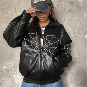  Heart Spider Web Baskılı Streetwear Siyah Oversize Unisex Astarlı Deri Ceket