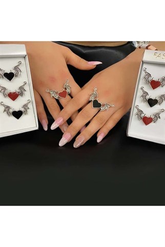  Kalp Heart Kırmızı Decor Çift Kanat Gümüş Kaplama Unisex Ayarlanabilir Yüzük