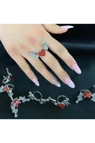  Kalp Heart Kırmızı Decor Çift Kanat Gümüş Kaplama Unisex Ayarlanabilir Yüzük