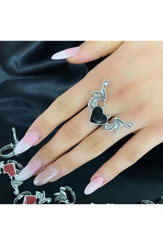  Kalp Heart Siyah Decor Çift Kanat Gümüş Kaplama Unisex Ayarlanabilir Yüzük