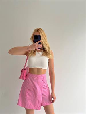  Kargo Cep Detaylı Paraşüt Kumaş Pembe Şort Etek
