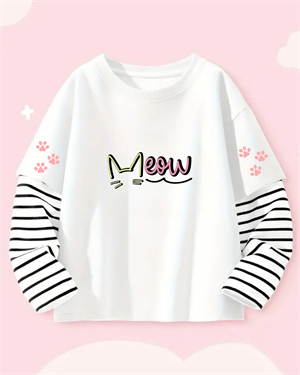  Meow Fake Sleeves Unisex Uzun Kollu Beyaz T-Shirt