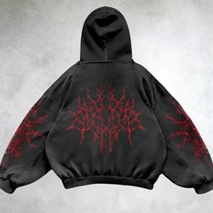  Yıkamalı Red Gothic Vintage Kapüşonlu Sweatshirt