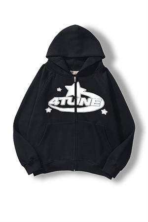 4 Tune Baskılı Baskılı Oversize Fermuarlı Siyah Unisex Kapüşonlu Hırka