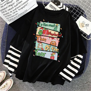 4lü New Christmas Baskılı Fake Sleeves Unisex Siyah T-shirt