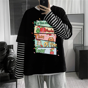4lü New Christmas Baskılı Fake Sleeves Unisex Siyah T-shirt