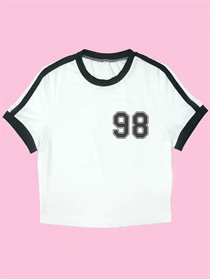 98 Number Baskılı Şeritli Bluz Body Crop