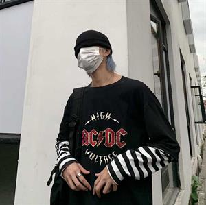AC-DC Baskılı Fake Sleeves Unisex Siyah T-shirt