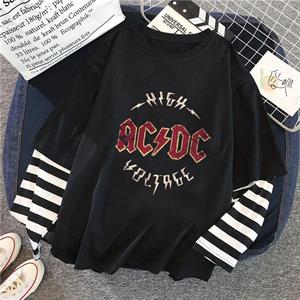 AC-DC Baskılı Fake Sleeves Unisex Siyah T-shirt