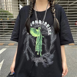 Angel Lightning Printed Streetwear Harajuku Autumn Oversize Unisex T-Shirt 