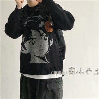 Anime Boy Harajuku Vintage Streetwear Unisex Siyah Kazak